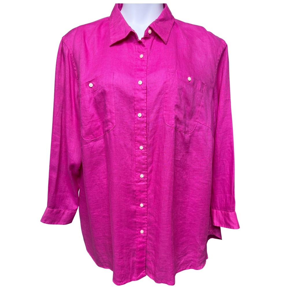 LAUREN RALPH LAUREN Womens Hot Pink Linen Button Front Shirt 3X Breathable Chic